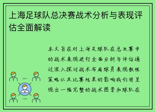 上海足球队总决赛战术分析与表现评估全面解读